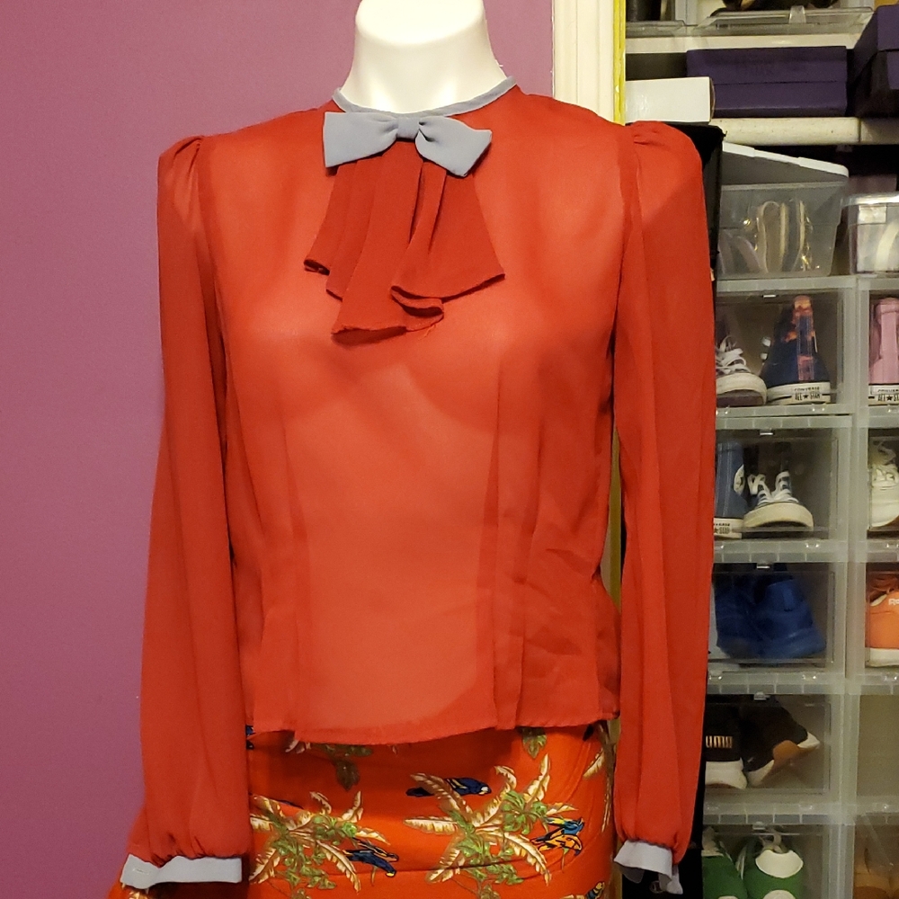 Elegant Red Blouse w/ Gray Accent